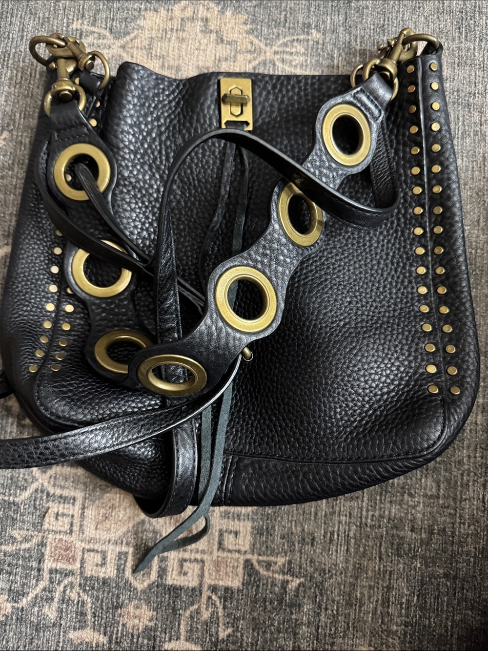 Rebecca Minkoff Darrell small Black Leather Shoulder Bag with Grommet Strap